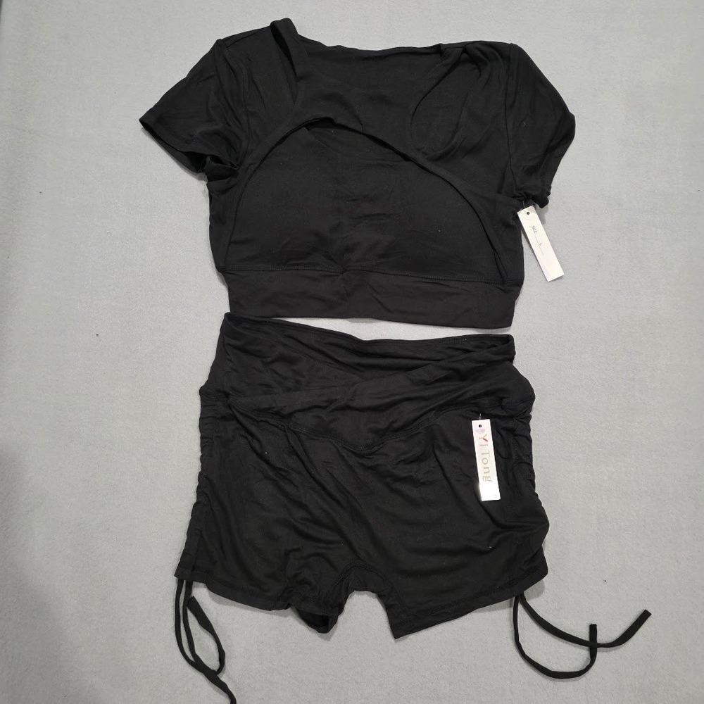 Black Workout Set Padded Crop Top Crossover Shorts Activewear Large NWT